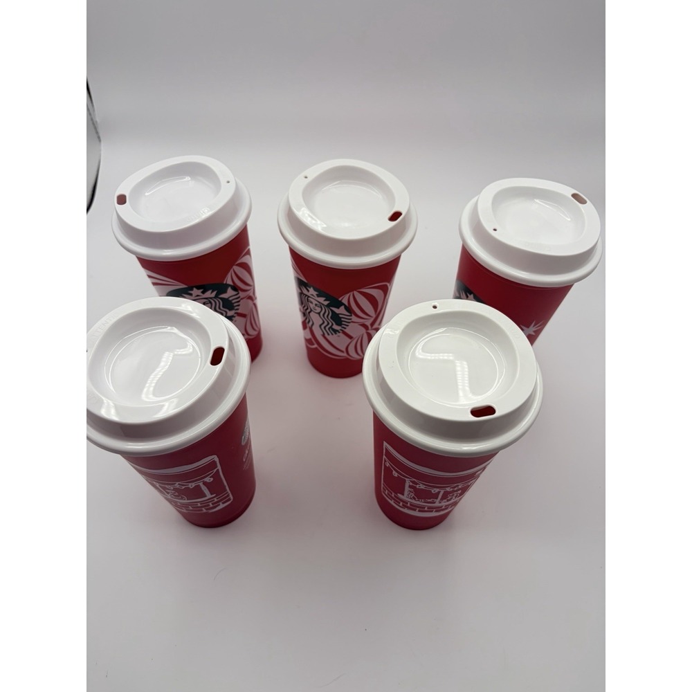 Starbucks Holiday Red Plastic Cup Christmas 16oz Limited Edition ~ SET OF 5